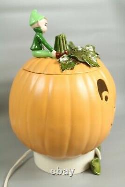 Vintage Porcelain Light Up Pumpkin 13 1/2 Tall Jack o Lantern With Pixie Elf