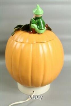 Vintage Porcelain Light Up Pumpkin 13 1/2 Tall Jack o Lantern With Pixie Elf