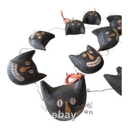 Vintage Primitive Folk Art Halloween Black Cat Face Garland Hand Painted