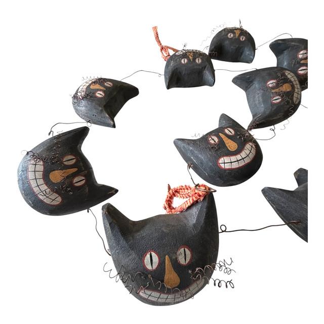 Vintage Primitive Folk Art Halloween Black Cat Face Garland Hand Painted