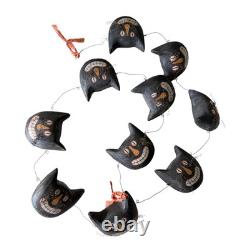 Vintage Primitive Folk Art Halloween Black Cat Face Garland Hand Painted