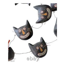 Vintage Primitive Folk Art Halloween Black Cat Face Garland Hand Painted