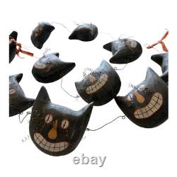 Vintage Primitive Folk Art Halloween Black Cat Face Garland Hand Painted