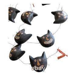 Vintage Primitive Folk Art Halloween Black Cat Face Garland Hand Painted