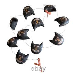 Vintage Primitive Folk Art Halloween Black Cat Face Garland Hand Painted
