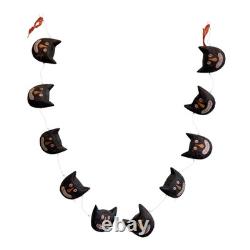 Vintage Primitive Folk Art Halloween Black Cat Face Garland Hand Painted