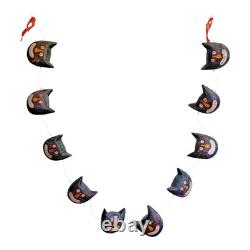 Vintage Primitive Folk Art Halloween Black Cat Face Garland Hand Painted