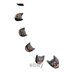 Vintage Primitive Folk Art Halloween Black Cat Face Garland Hand Painted