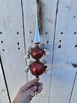 Vintage Red West Germany Mercury Glass wire wrapped Tree Topper Bells Tassel