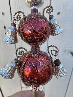 Vintage Red West Germany Mercury Glass wire wrapped Tree Topper Bells Tassel