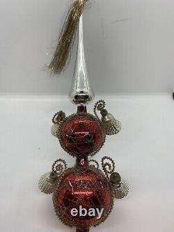 Vintage Red West Germany Mercury Glass wire wrapped Tree Topper Bells Tassel