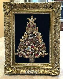 Vintage Rhinestone Red and Gold Jewelry Christmas Tree Framed Art OOAK