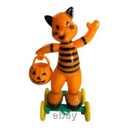 Vintage Rosbro Dancing Cat with Jack-O'-Lantern Candy Container Pull Toy