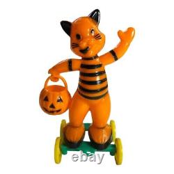 Vintage Rosbro Dancing Cat with Jack-O'-Lantern Candy Container Pull Toy