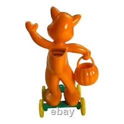 Vintage Rosbro Dancing Cat with Jack-O'-Lantern Candy Container Pull Toy