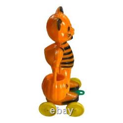 Vintage Rosbro Dancing Cat with Jack-O'-Lantern Candy Container Pull Toy