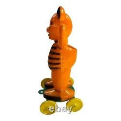 Vintage Rosbro Dancing Cat with Jack-O'-Lantern Candy Container Pull Toy