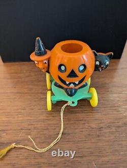 Vintage Rosbro Halloween Pull Toy Candy Container Cat Witch Jack O'Lantern