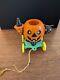 Vintage Rosbro Halloween Pull Toy Candy Container Cat Witch Jack O'lantern