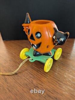 Vintage Rosbro Halloween Pull Toy Candy Container Cat Witch Jack O'Lantern