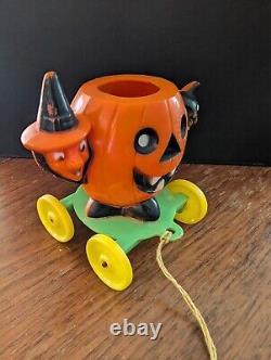 Vintage Rosbro Halloween Pull Toy Candy Container Cat Witch Jack O'Lantern