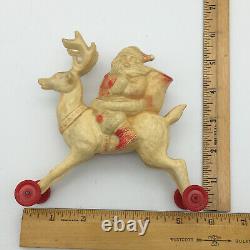 Vintage Rosbro Hard Plastic Candy Holder Santa Riding Reindeer On Wheels
