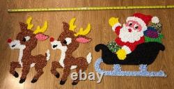 Vintage Santa Sleigh & 2 Rudolph Reindeer Melted Plastic Popcorn Christmas Decor
