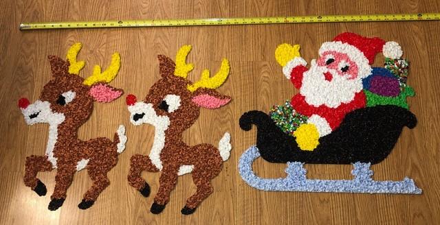 Vintage Santa Sleigh & 2 Rudolph Reindeer Melted Plastic Popcorn Christmas Decor