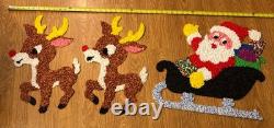 Vintage Santa Sleigh & 2 Rudolph Reindeer Melted Plastic Popcorn Christmas Decor
