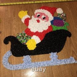 Vintage Santa Sleigh & 2 Rudolph Reindeer Melted Plastic Popcorn Christmas Decor