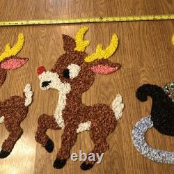 Vintage Santa Sleigh & 2 Rudolph Reindeer Melted Plastic Popcorn Christmas Decor