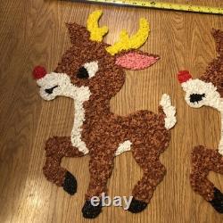 Vintage Santa Sleigh & 2 Rudolph Reindeer Melted Plastic Popcorn Christmas Decor