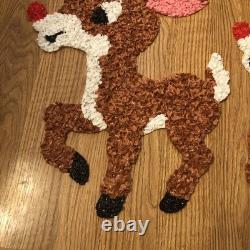 Vintage Santa Sleigh & 2 Rudolph Reindeer Melted Plastic Popcorn Christmas Decor