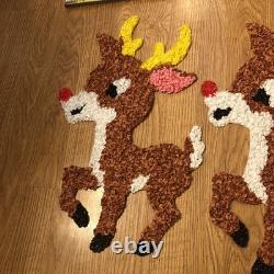 Vintage Santa Sleigh & 2 Rudolph Reindeer Melted Plastic Popcorn Christmas Decor