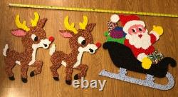 Vintage Santa Sleigh & 2 Rudolph Reindeer Melted Plastic Popcorn Christmas Decor