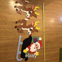 Vintage Santa Sleigh & 2 Rudolph Reindeer Melted Plastic Popcorn Christmas Decor