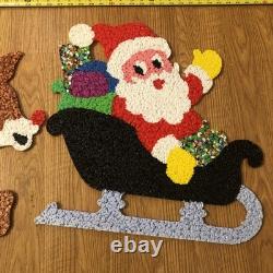 Vintage Santa Sleigh & 2 Rudolph Reindeer Melted Plastic Popcorn Christmas Decor