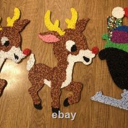 Vintage Santa Sleigh & 2 Rudolph Reindeer Melted Plastic Popcorn Christmas Decor