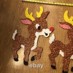 Vintage Santa Sleigh & 2 Rudolph Reindeer Melted Plastic Popcorn Christmas Decor