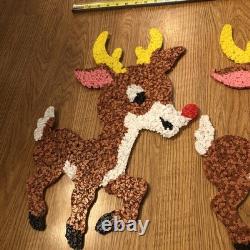 Vintage Santa Sleigh & 2 Rudolph Reindeer Melted Plastic Popcorn Christmas Decor