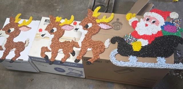 Vintage Santa Sleigh & 3 Reindeer Rudolph Melted Plastic Popcorn Decorations