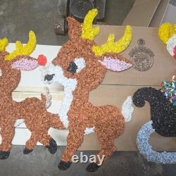 Vintage Santa Sleigh & 3 Reindeer Rudolph Melted Plastic Popcorn Decorations