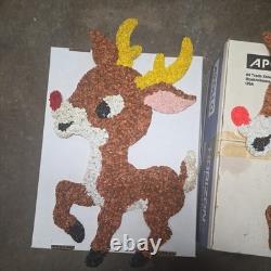 Vintage Santa Sleigh & 3 Reindeer Rudolph Melted Plastic Popcorn Decorations