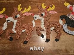 Vintage Santa Sleigh & 4 Reindeer 3 Rudolph Melted Plastic Popcorn Decorations Vintage Santa Sleigh & 4 Reindeer 3 Rudolph Melted Plastic Popcorn Decorations