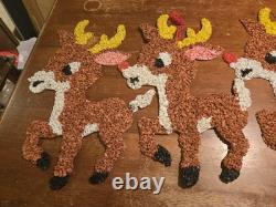 Vintage Santa Sleigh & 4 Reindeer 3 Rudolph Melted Plastic Popcorn Decorations Vintage Santa Sleigh & 4 Reindeer 3 Rudolph Melted Plastic Popcorn Decorations