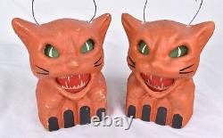 Vintage Style Halloween Paper Mache Orange Scary Cat Jack O Lanterns Set of 2