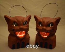 Vintage Style Halloween Paper Mache Orange Scary Cat Jack O Lanterns Set of 2