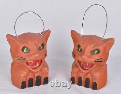 Vintage Style Halloween Paper Mache Orange Scary Cat Jack O Lanterns Set of 2