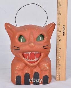 Vintage Style Halloween Paper Mache Orange Scary Cat Jack O Lanterns Set of 2