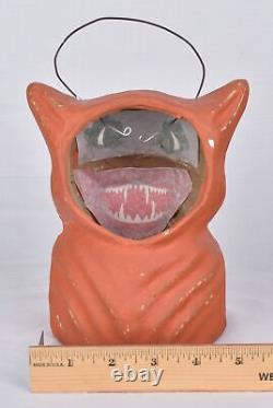 Vintage Style Halloween Paper Mache Orange Scary Cat Jack O Lanterns Set of 2